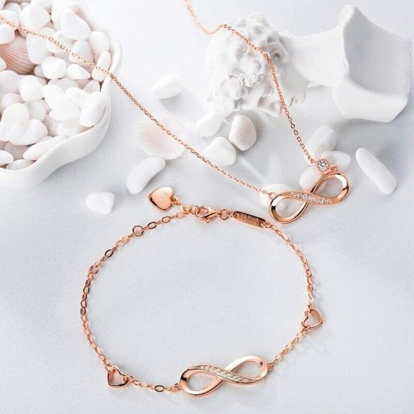 Kristy's Jewels Jewelry - Rose Gold Sterling Silver Diamond Zircon Infinity Heart Bracelet Necklace 2p set